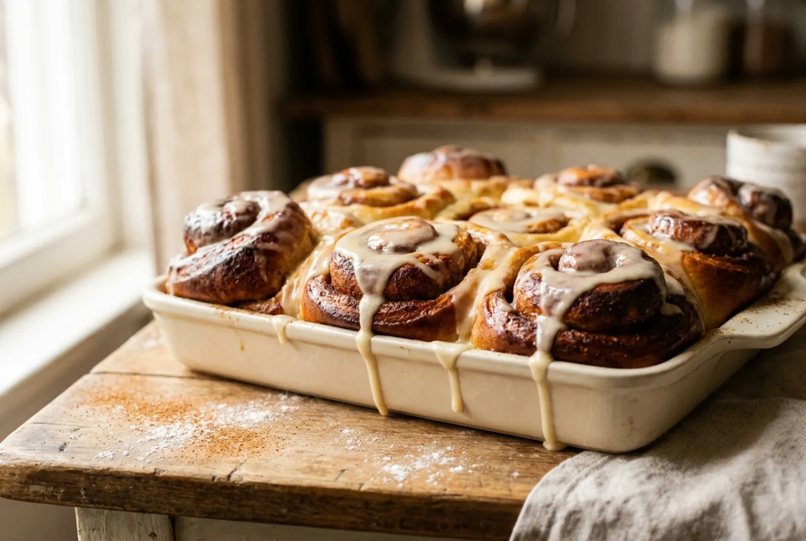 A tray of freshly baked cinnamon rolls with vanilla glaze running down the sides