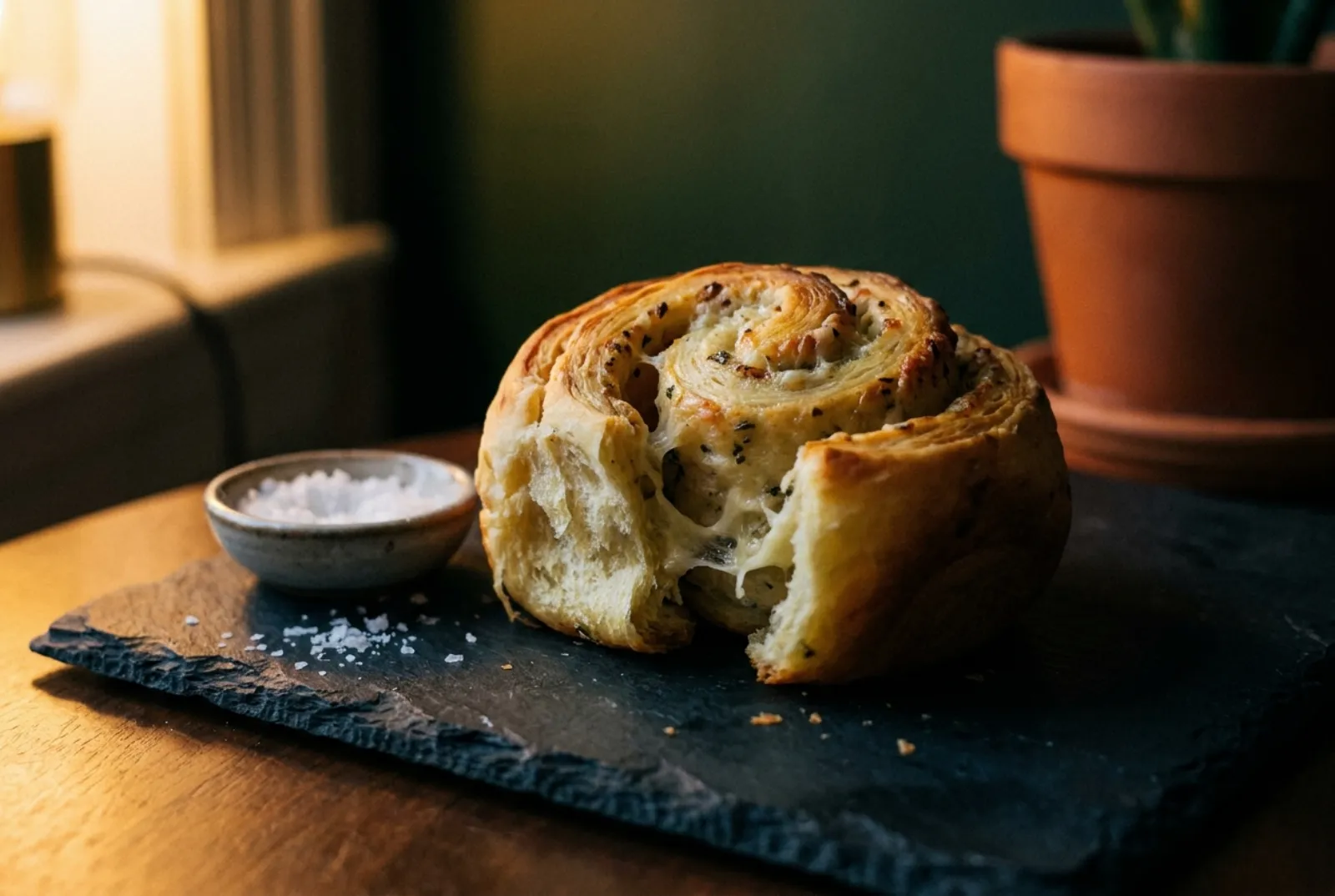 A savory roll, torn open, on a slate board beside a dish of flaky salt
